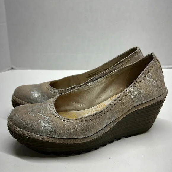 Fly London Yaz Wedges Pump Heeled Shoes Heels Tan Silver Metallic Size 6.5 - 7 - Picture 1 of 12